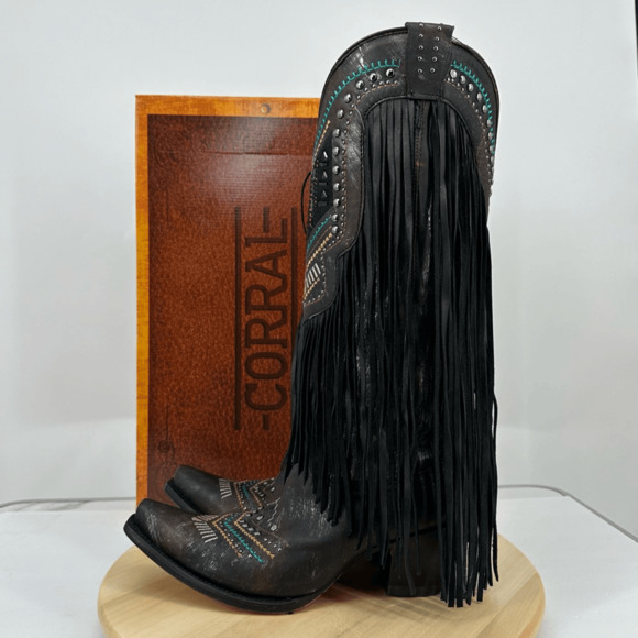 Corral Womens 7 Embroidery Crystals Lamb Fringe Tall Boots C4078 Cowgirl Western - Picture 3 of 16